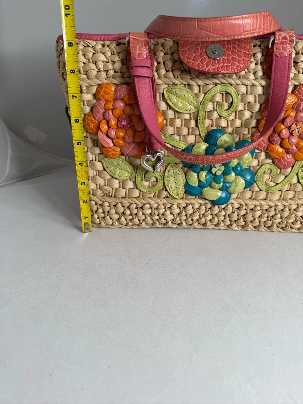 Brighton Beige Straw Tote with Pink Trim and Multicolor leather Floral Appliqués - Picture 7 of 12